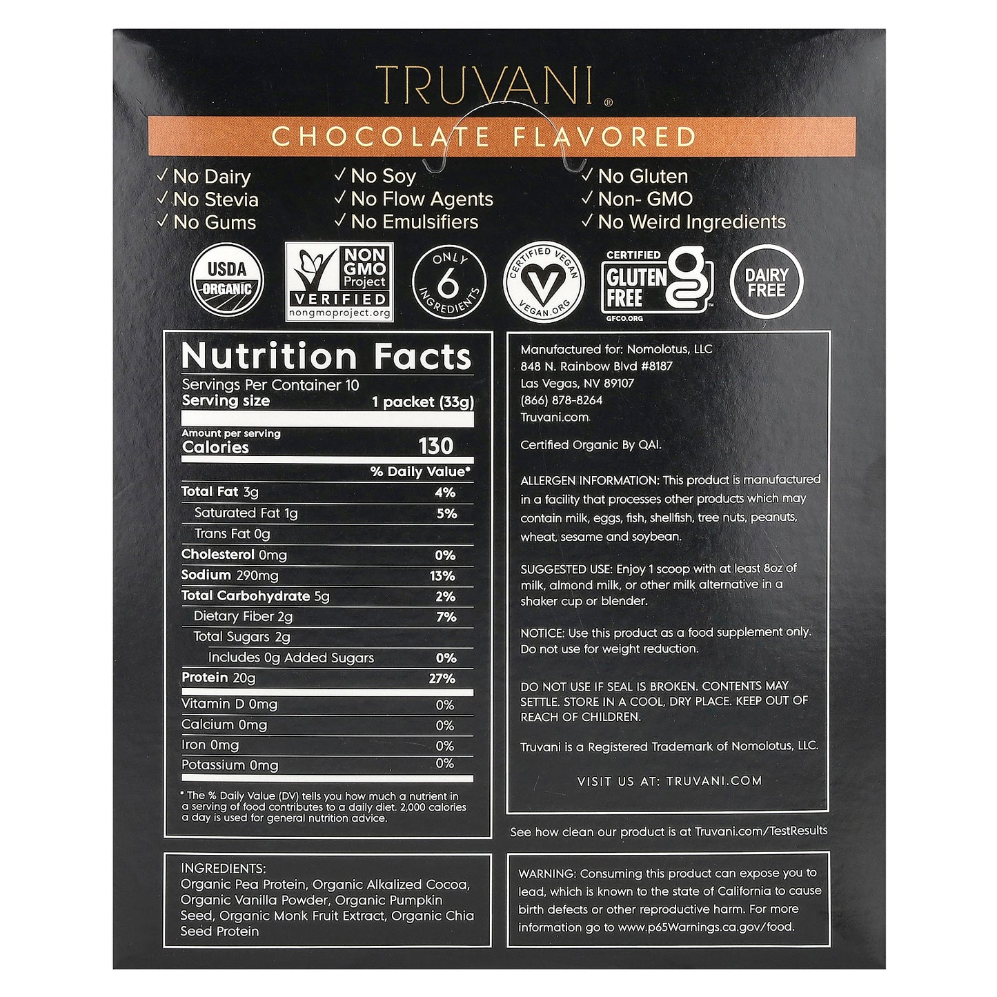 Truvani, Plant Based Protein Powder, Chocolate , 10 Packs, 1.16 oz (33 g) Each