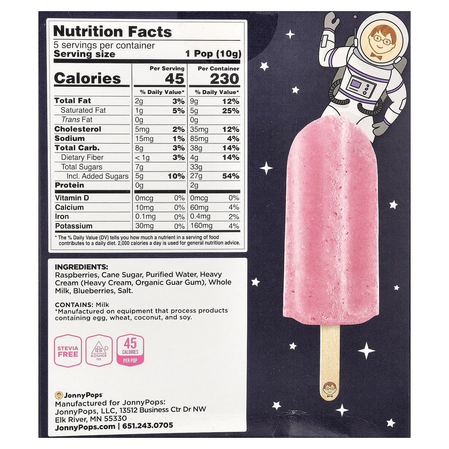 JonnyPops, Freeze Dried Minis, Raspberry, Blueberry & Cream, 5 Pops, 10 g Each
