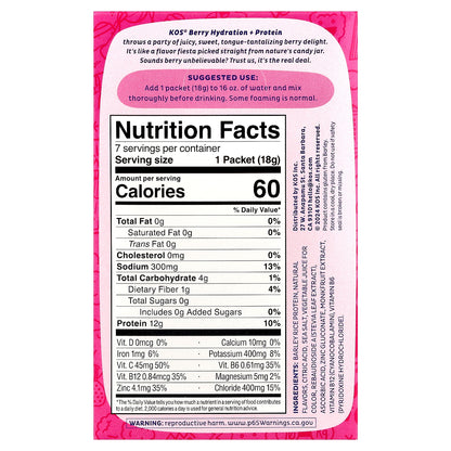 KOS, Hydration + Protein, Refreshing Drink Mix, Berry, 7 Packets, 0.65 oz (18 g) Each