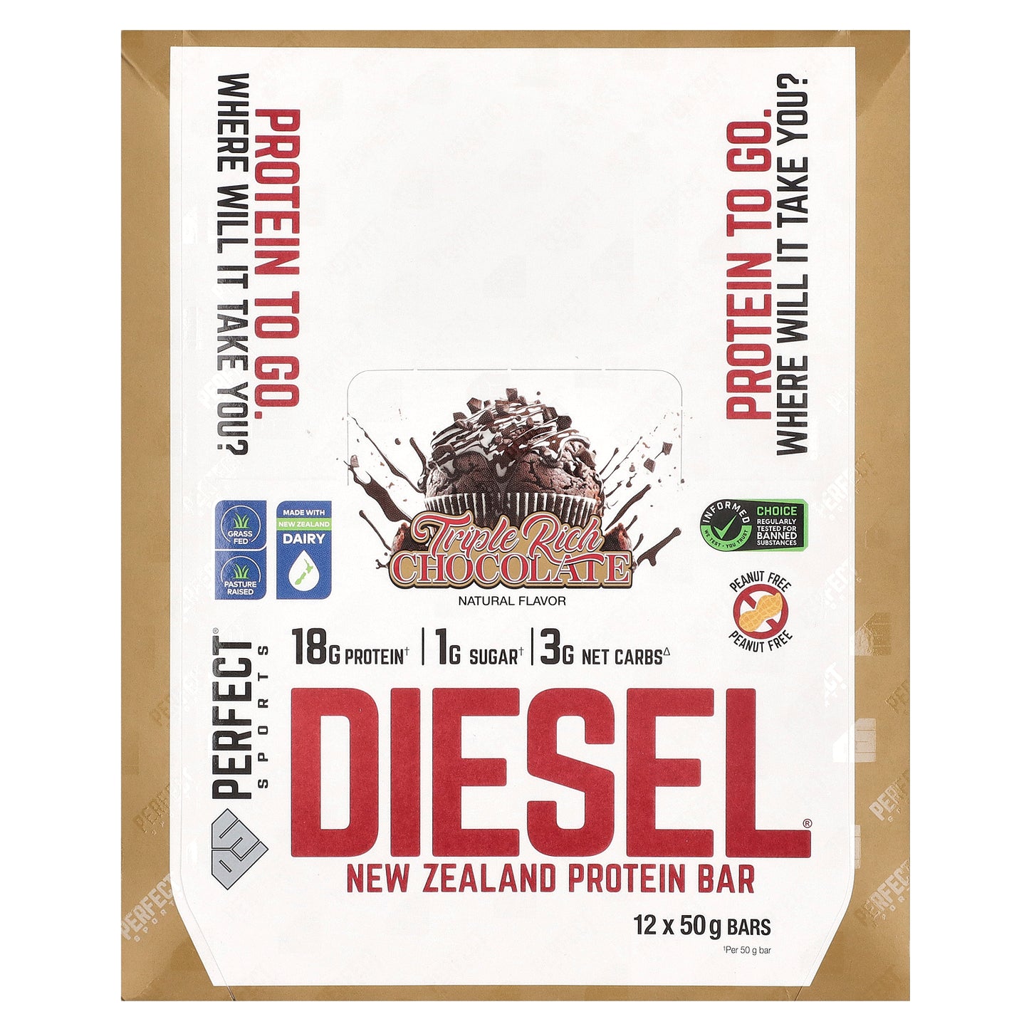 PERFECT Sports, Diesel, New Zealand Protein Bar, Triple Rich Chocolate, 12 Bars, 50 g Each