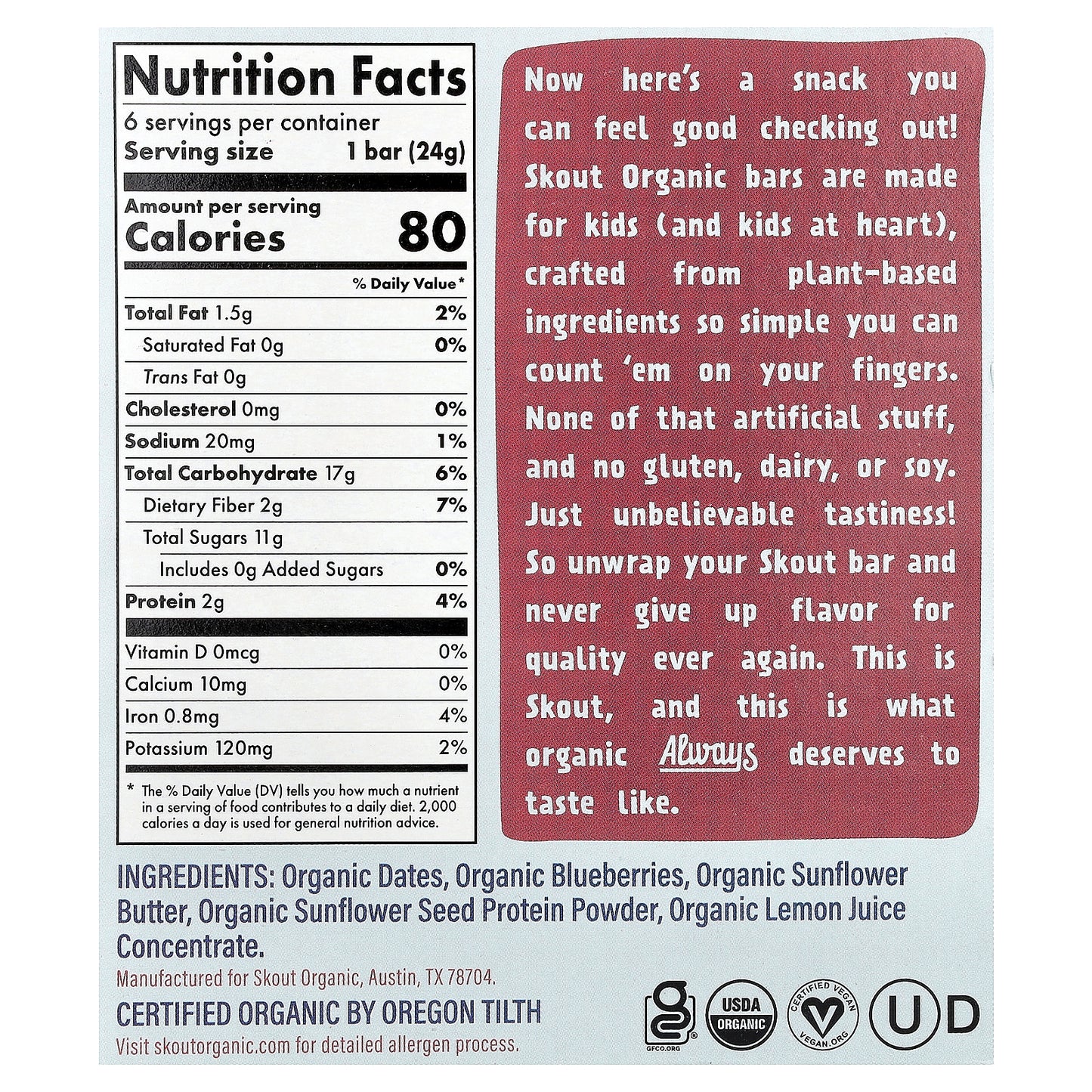 Skout Organic, Kids Snack Bars, Blueberry Blast, 6 Bars, 0.85 oz (24 g) Each