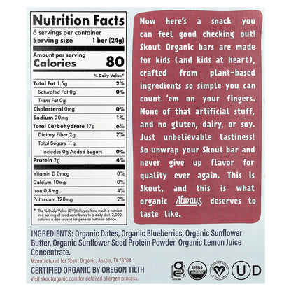 Skout Organic, Kids Snack Bars, Blueberry Blast, 6 Bars, 0.85 oz (24 g) Each