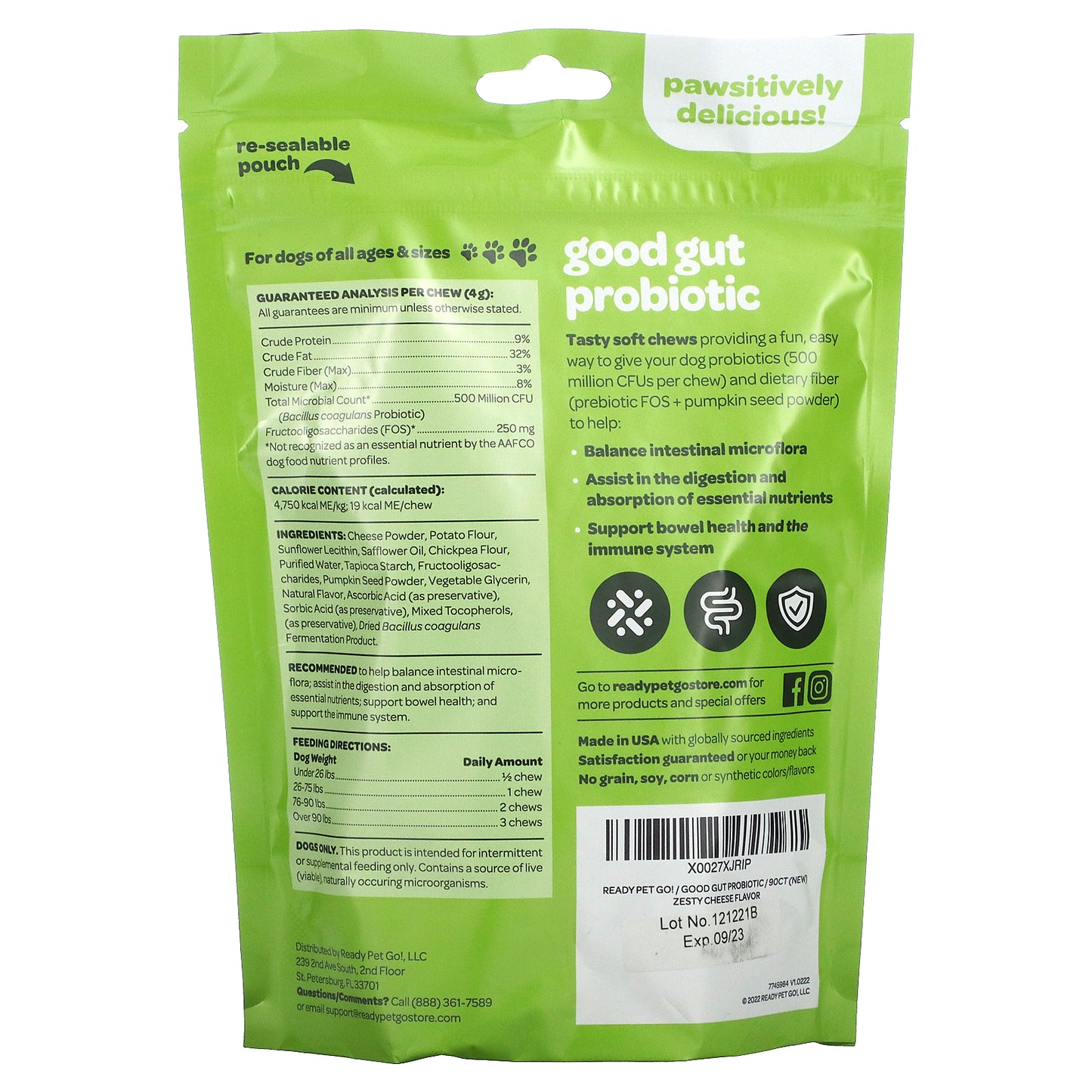 Ready Pet Go, Good Gut Probiotic, For Dogs, All Ages, Zesty Cheese, 90 Soft Chews, 12.7 oz (360 g)
