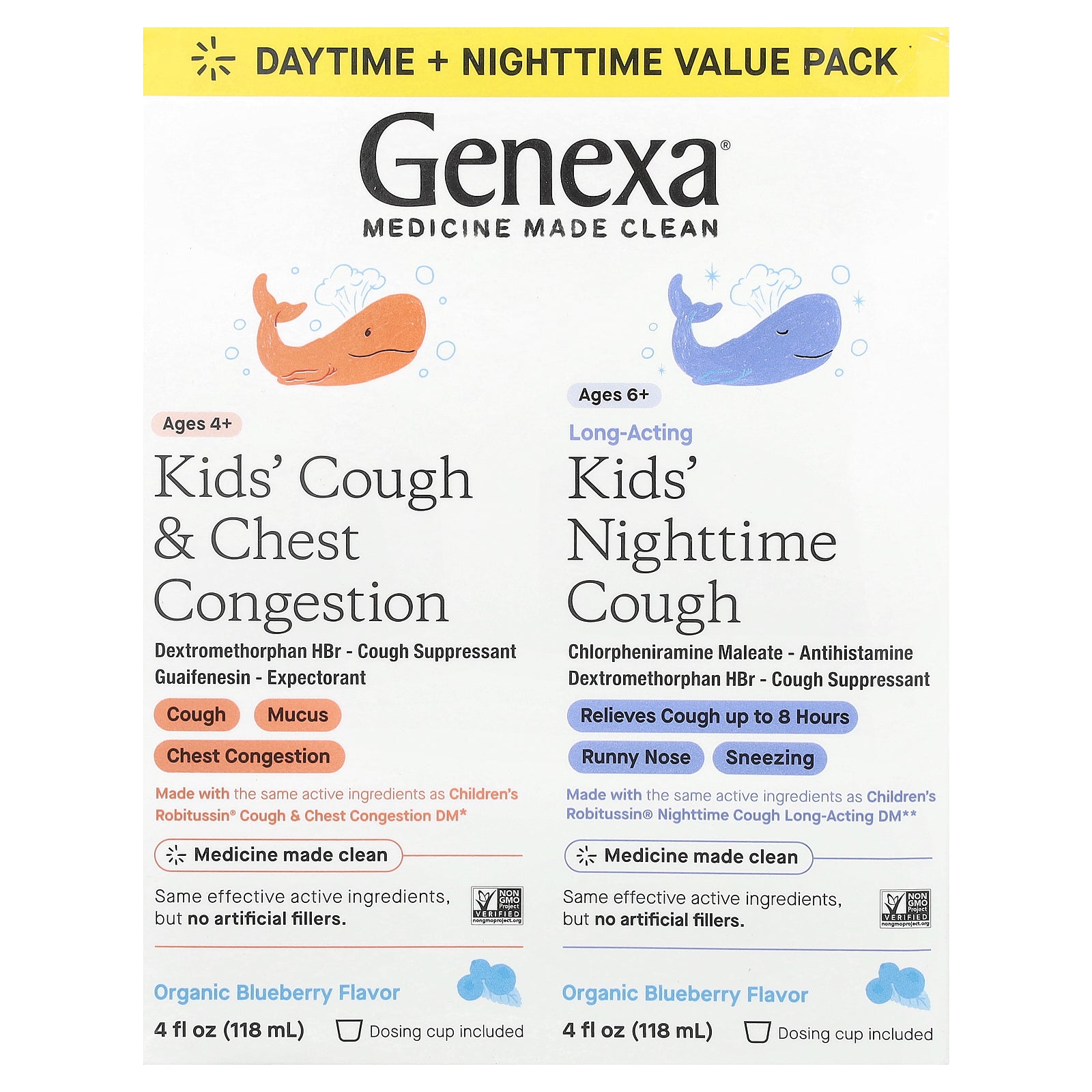 Genexa, Kids' Cough & Chest Congestion Ages 4+, Kids' Nighttime Cough Ages 6+, Organic Blueberry, 2 Pack, 4 fl oz (118 ml) Each