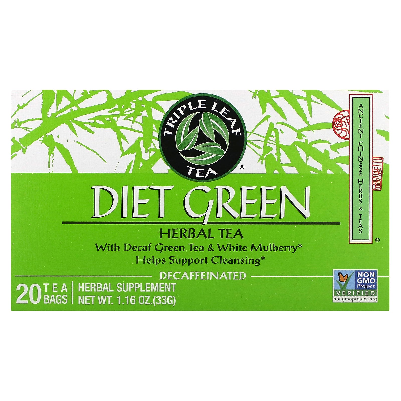 Triple Leaf Tea, Diet Green Herbal Tea, Decaffeinated, 20 Tea Bags, 1.16 oz (33 g)