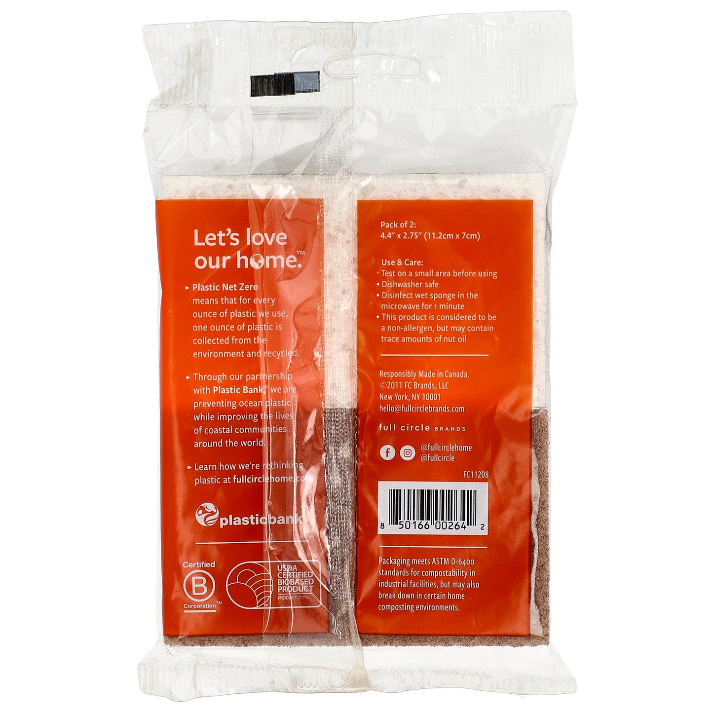 Full Circle, In a Nutshell™, Walnut Scrubber Sponges, 2 Sponges, 4.4" x 2.75" (11.2 cm x 7 cm) Each