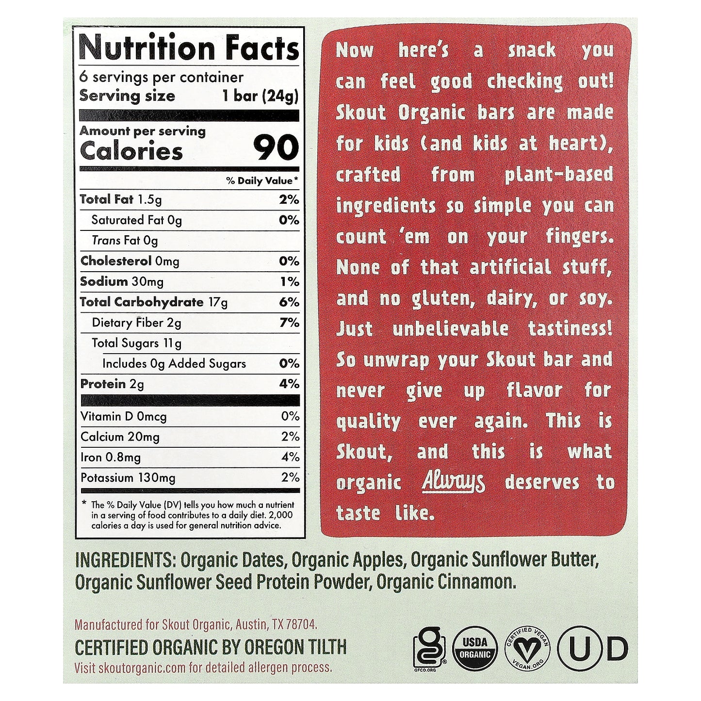 Skout Organic, Kids Snack Bars, Apple Pie, 6 Bars, 0.85 oz (24 g) Each