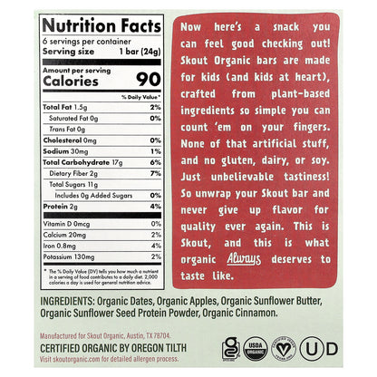 Skout Organic, Kids Snack Bars, Apple Pie, 6 Bars, 0.85 oz (24 g) Each