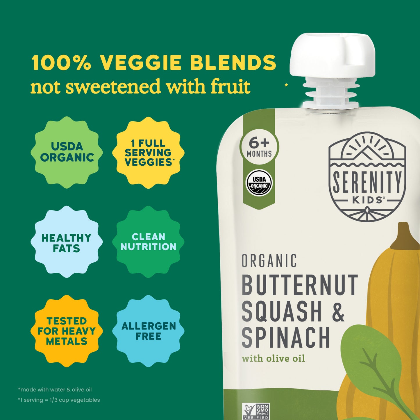 Serenity Kids, Organic Butternut Squash & Spinach with Olive Oil, 6+ Months, 3.5 oz (99 g)