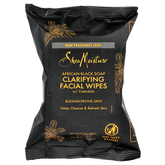 SheaMoisture, African Black Soap, Clarifying Facial Wipes With Calendula, Fragrance Free, 30 Cleansing Wipes