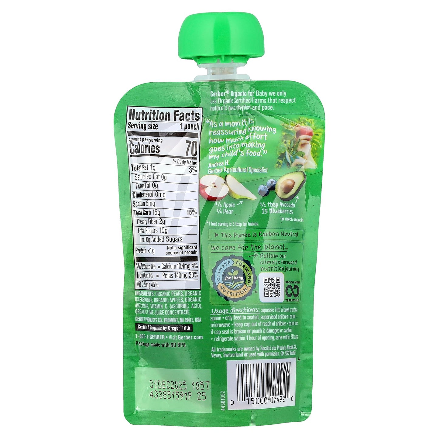 Gerber, Organic for Baby, 2nd Foods®, Pear, Blueberry, Apple, Avocado, 3.5 oz (99 g)