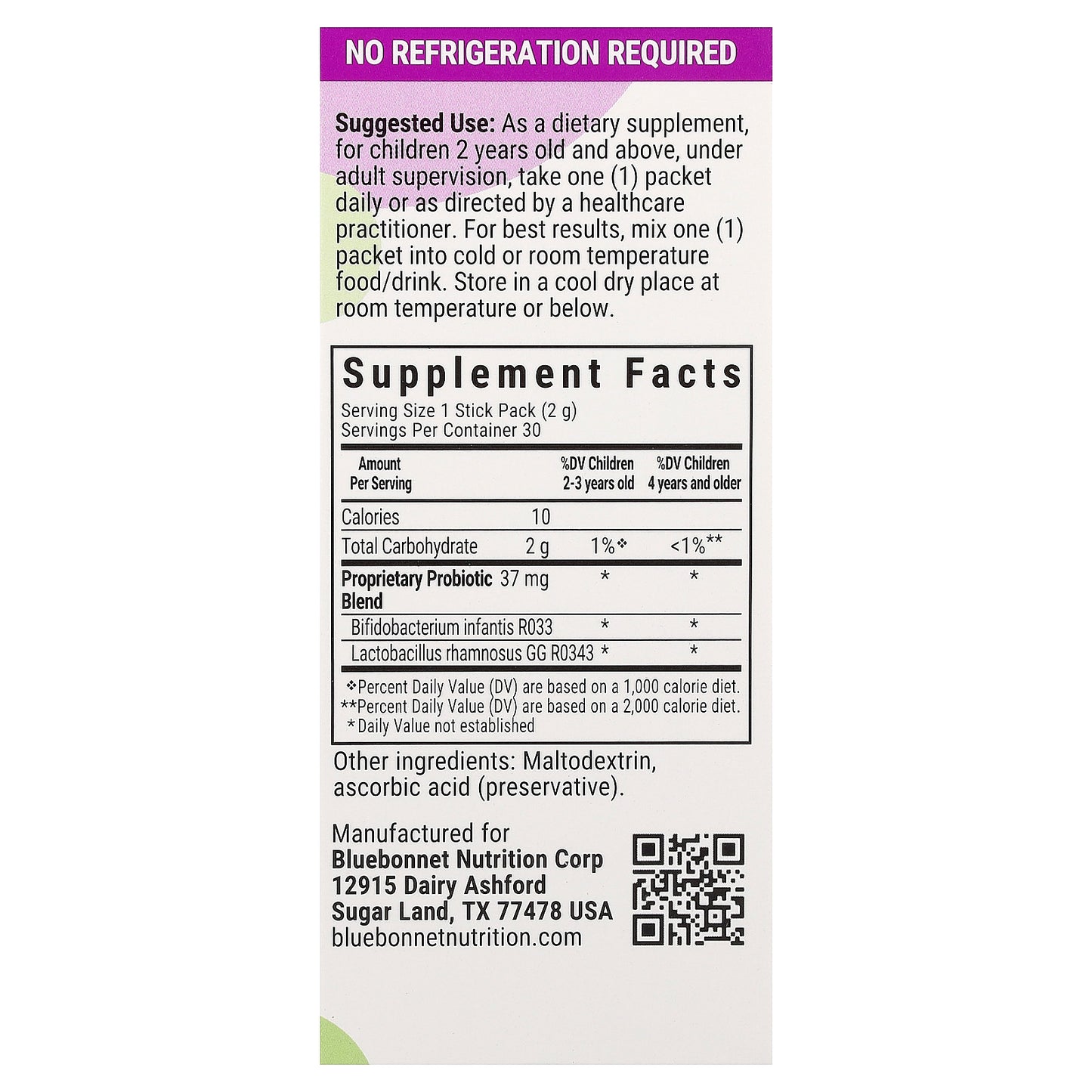 Bluebonnet Nutrition, Kids, Probiotic, Ages 2+, Unflavored, 30 Stick Packs, 0.07 oz (2 g) Each