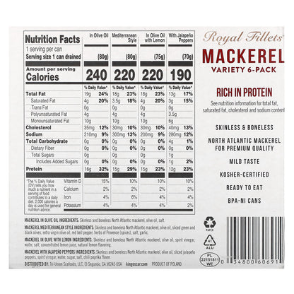 King Oscar, Royal Fillets, Mackerel, Variety 6-Pack, 6 Cans, 4.05 oz (115 g) Each