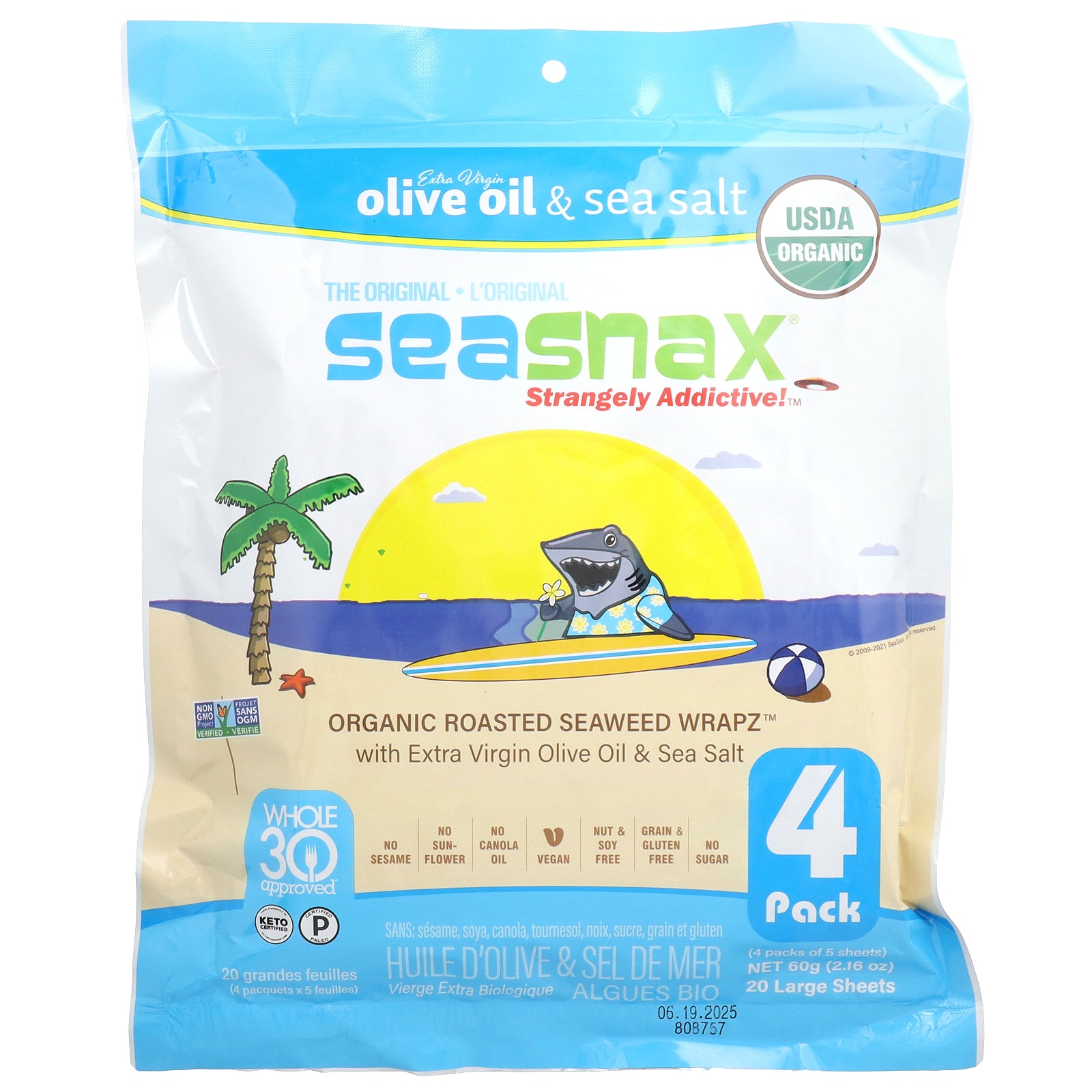 SeaSnax, Organic Roasted Seaweed Wrapz™, Olive Oil & Sea Salt, 20 Large Sheets, 2.16 oz (60 g)