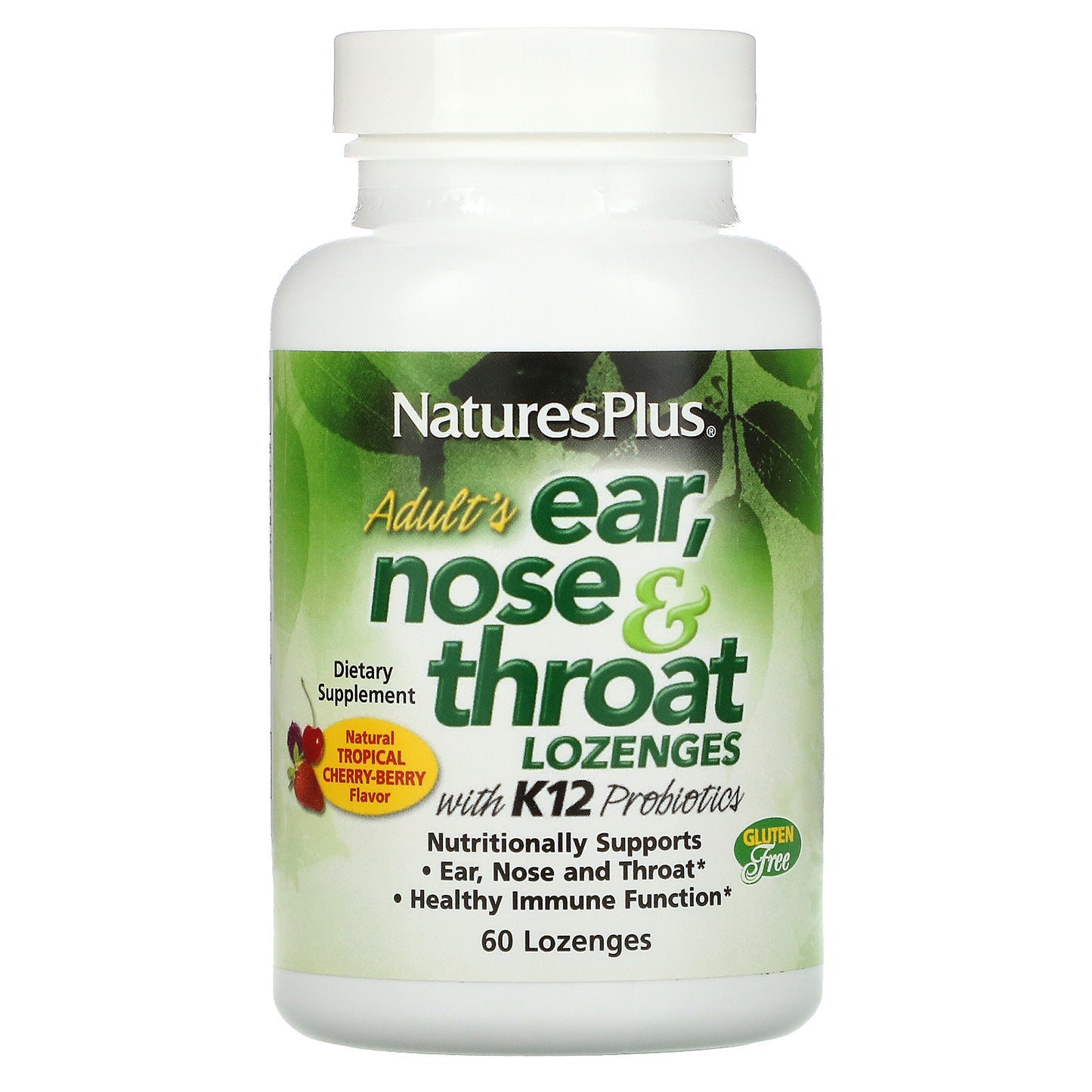 NaturesPlus, Adult's Ear, Nose & Throat Lozenges with K12 Probiotics, Natural Tropical Cherry-Berry, 60 Lozenges