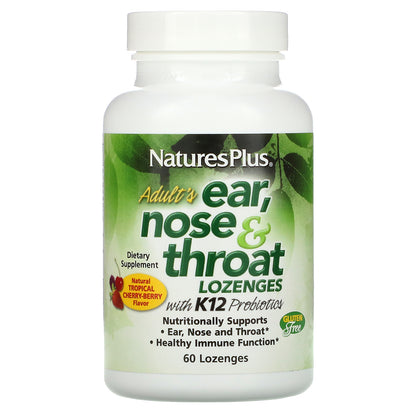 NaturesPlus, Adult's Ear, Nose & Throat Lozenges with K12 Probiotics, Natural Tropical Cherry-Berry, 60 Lozenges