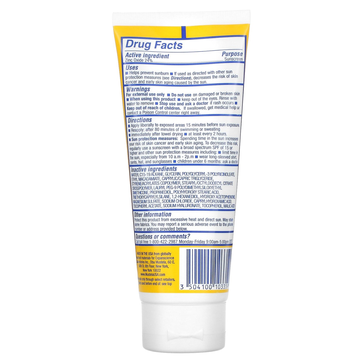 Mustela, Baby, Mineral Sunscreen, Face + Body, SPF 50, 3.38 fl oz (100 ml)