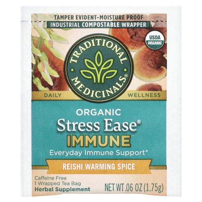 Traditional Medicinals, Organic Stress Ease Immune, Reishi Warming Spice, Caffeine Free, 16 Wrapped Tea Bags, 0.99 oz (28 g)