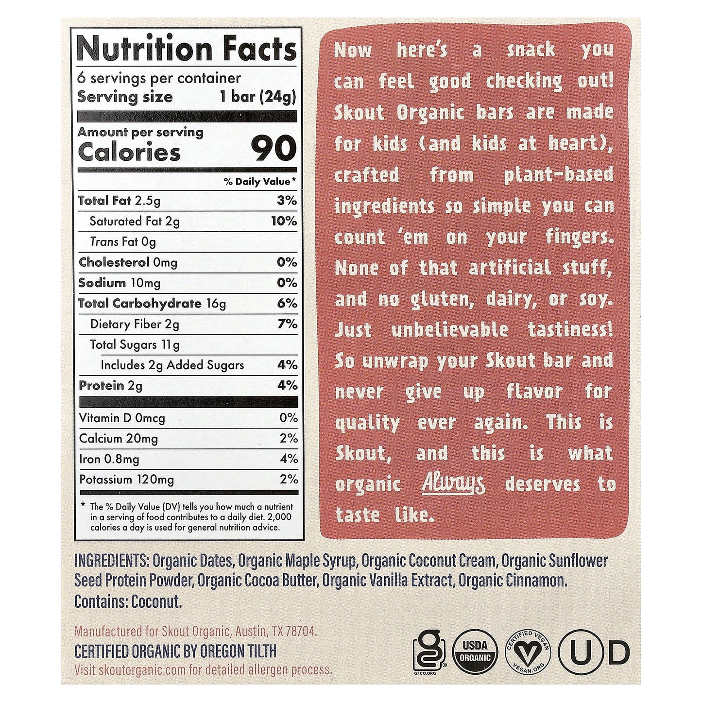 Skout Organic, Kids Snack Bars, French Toast, 6 Bars, 0.85 oz (24 g) Each