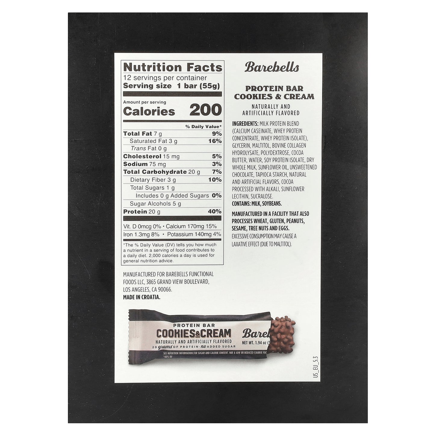 Barebells, Protein Bar, Cookies & Cream, 12 Bars, 1.94 oz (55 g) Each