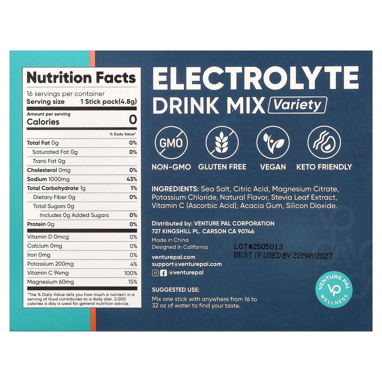 Venture Pal, Electrolyte Drink Mix, Variety, 16 Stick Packs, 0.17 oz (4.8 g) Each