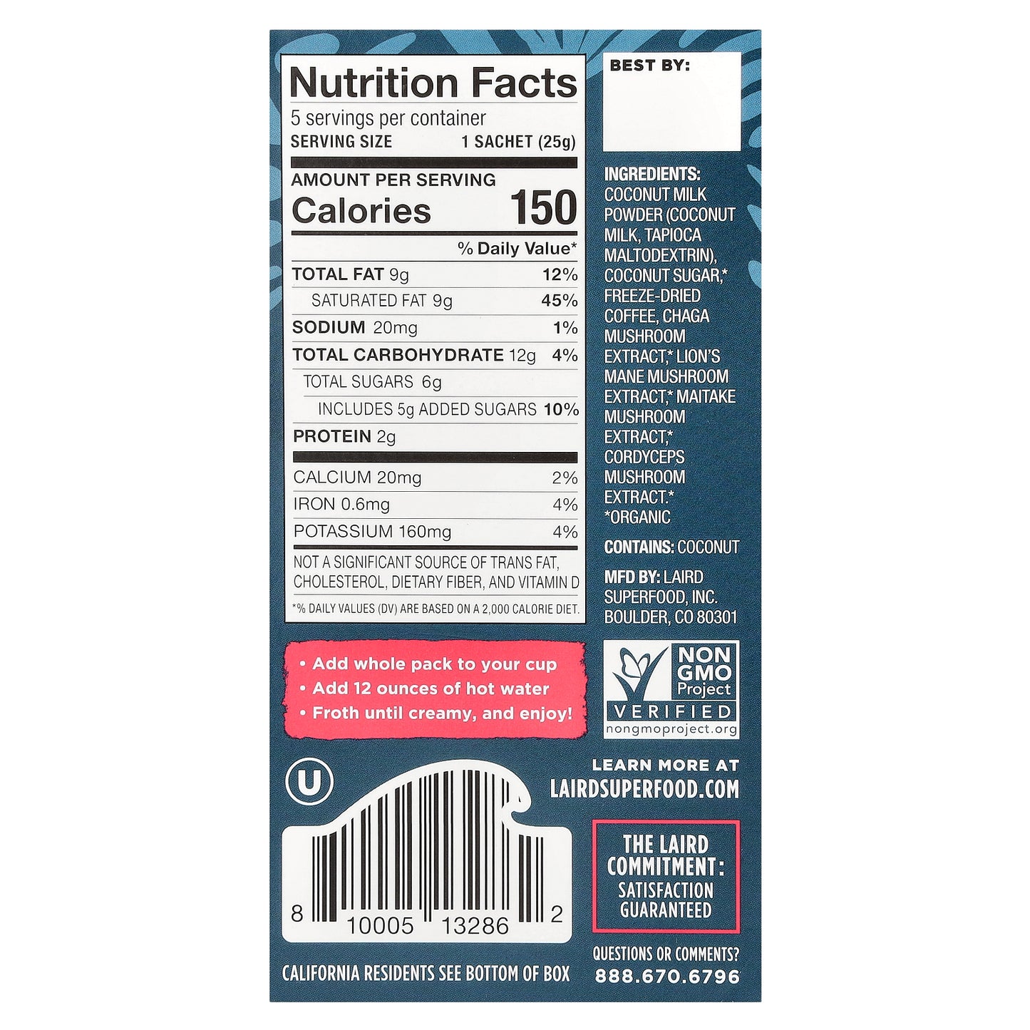 Laird Superfood, Instant Latte, Sweet & Creamy, 5 Packs, 0.9 oz (25 g) Each