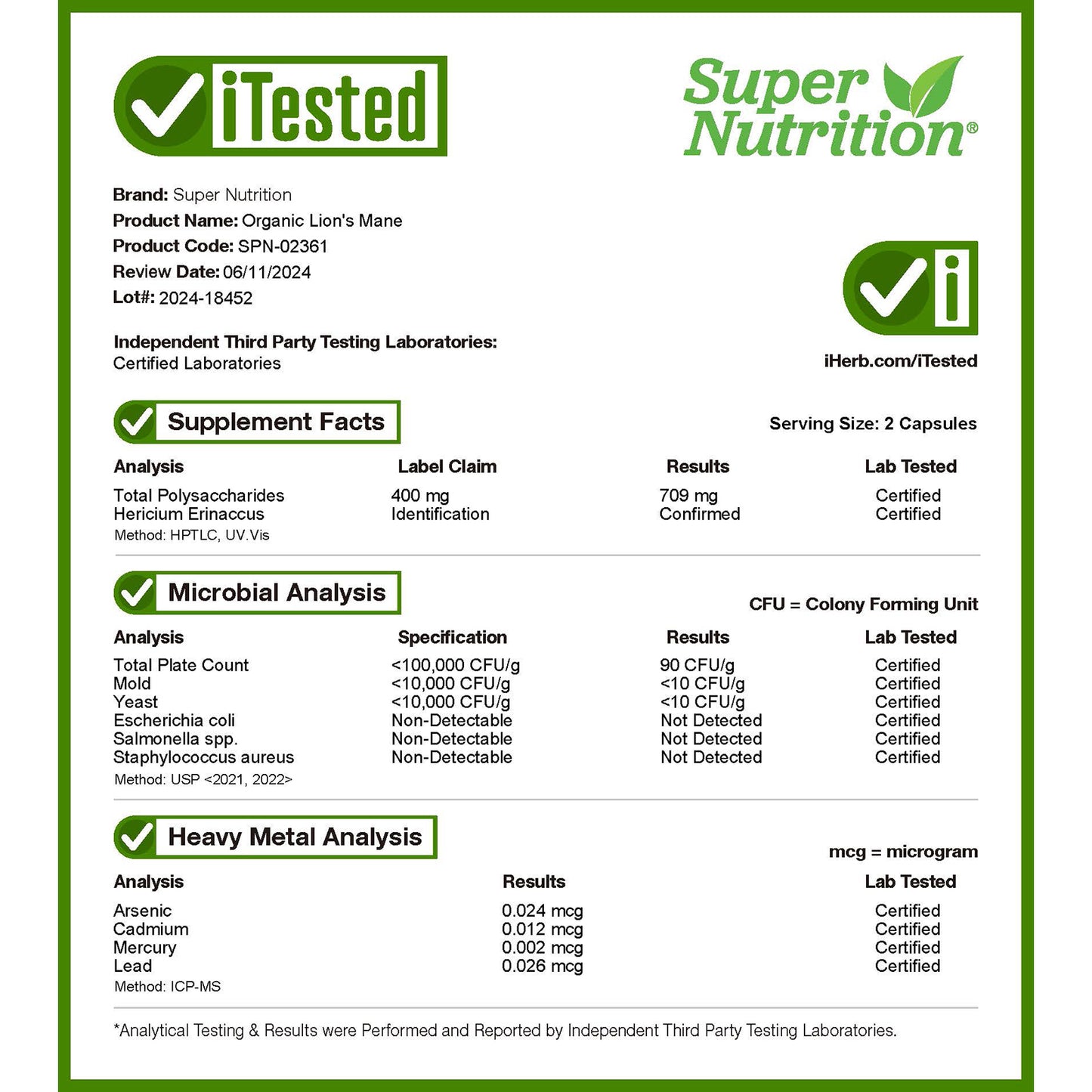 Super Nutrition, Organic Lion's Mane, 1,000 mg, 120 Veggie Capsules (500 mg Per Capsule)