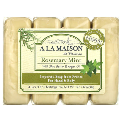 A La Maison de Provence, Hand & Body Bar Soap, Rosemary Mint, 4 Bars, 3.5 oz (100 g) Each