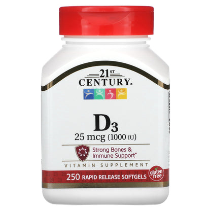 21st Century, Vitamin D3, 25 mcg (1,000 IU), 250 Rapid Release Softgels