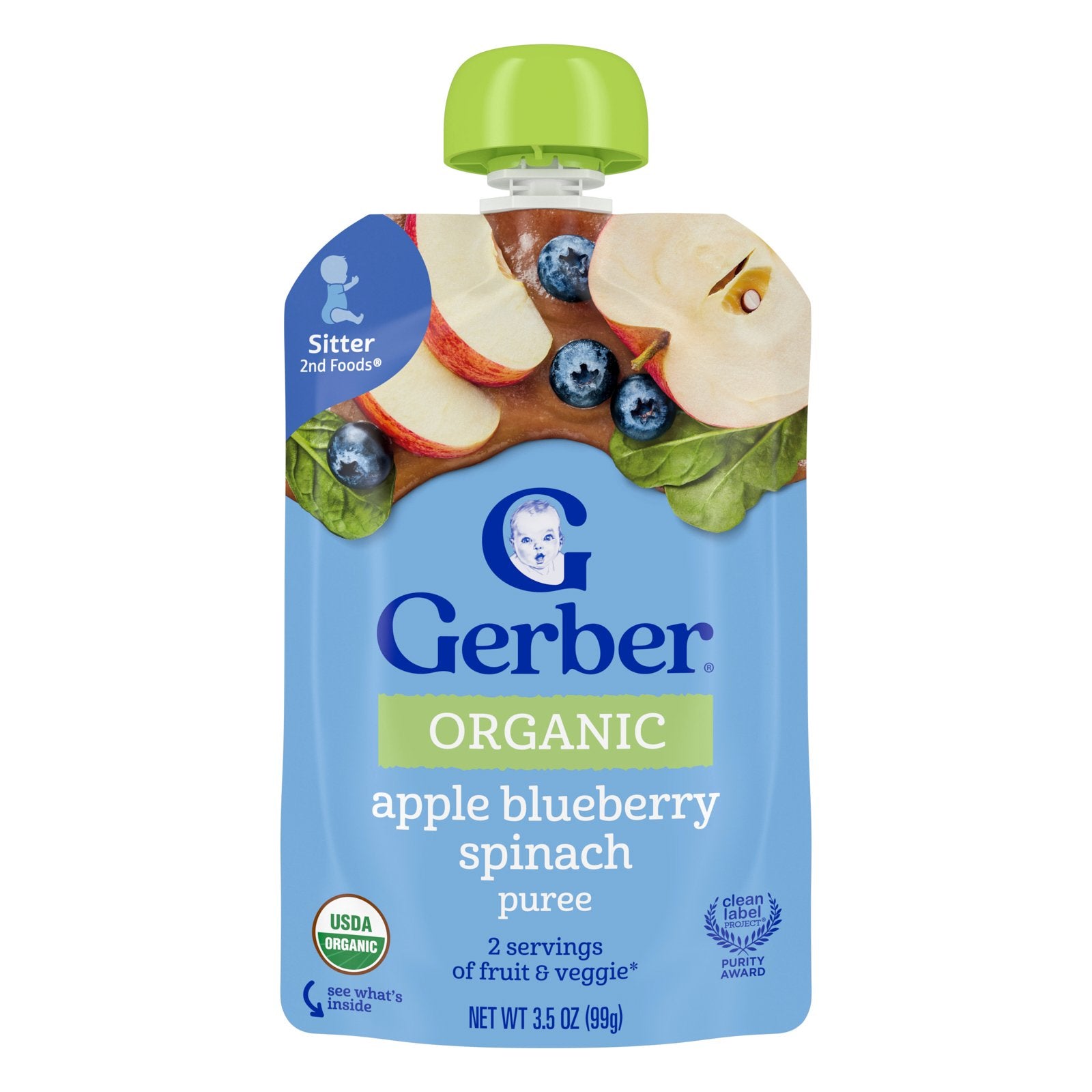 Gerber, Organic Puree, 2nd Foods®, Apple Blueberry Spinach, 3.5 oz (99 g)