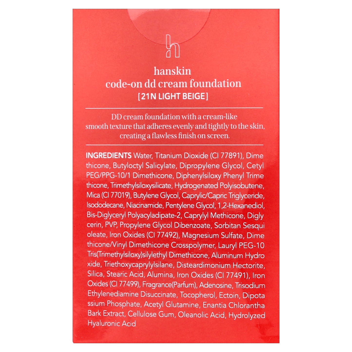 Hanskin, Code-On D.D Cream Foundation, 21N Light Beige, 1.18 fl oz (35 ml)