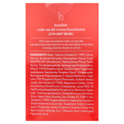 Hanskin, Code-On D.D Cream Foundation, 21N Light Beige, 1.18 fl oz (35 ml)