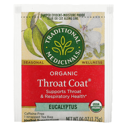 Traditional Medicinals, Organic Throat Coat®, Eucalyptus, Caffeine Free, 16 Wrapped Tea Bags, 0.99 oz (28 g)