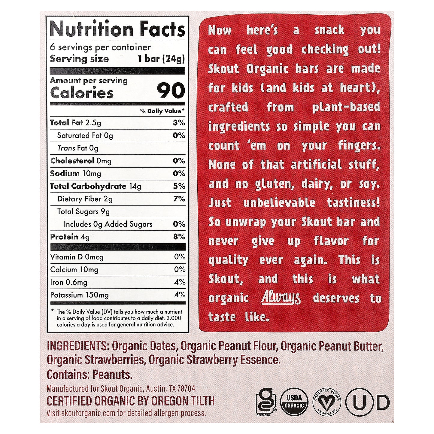 Skout Organic, Kids Snack Bars, Peanut Butter & Jelly, 6 Bars, 0.85 oz (24 g) Each