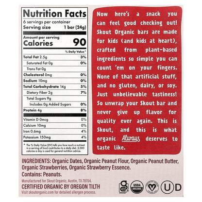 Skout Organic, Kids Snack Bars, Peanut Butter & Jelly, 6 Bars, 0.85 oz (24 g) Each