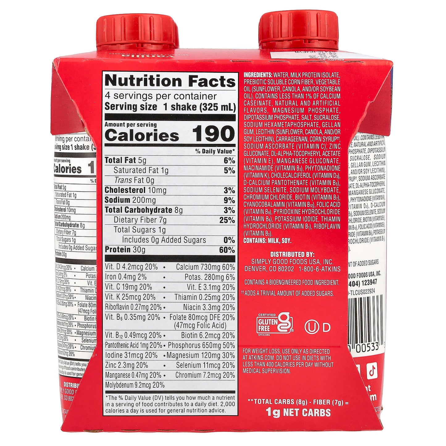 Atkins, Strong, High Protein Shake, Vanilla, 4 Shakes, 11 fl oz (325 ml) Each