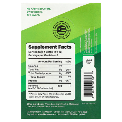 Ketone-IQ, Energy Shot, Green Apple, Caffeine Free, 6 Bottles, 2 fl oz (59 ml) Each