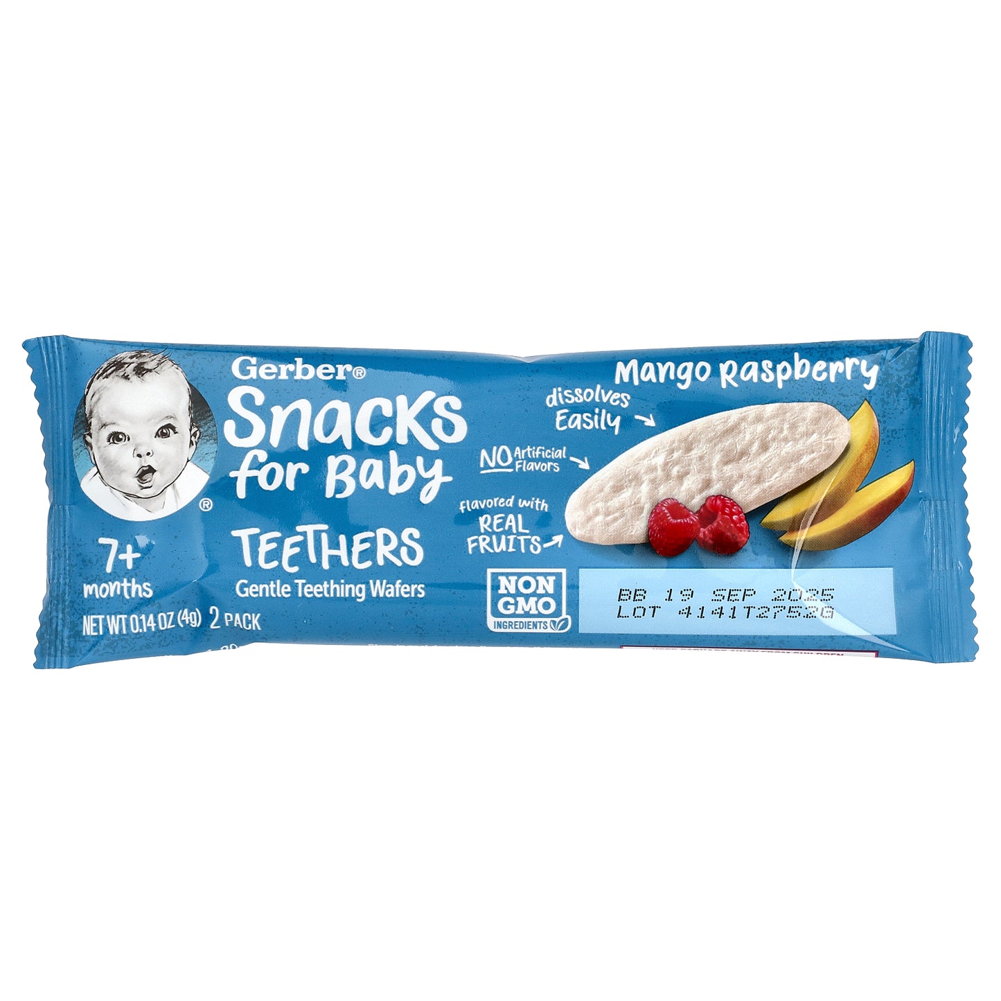 Gerber, Snacks for Baby, Teethers, Gentle Teething Wafers, 7+ Months, Mango Raspberry, 12 Individually Wrapped 2 Packs, 0.14 oz (4 g) Each