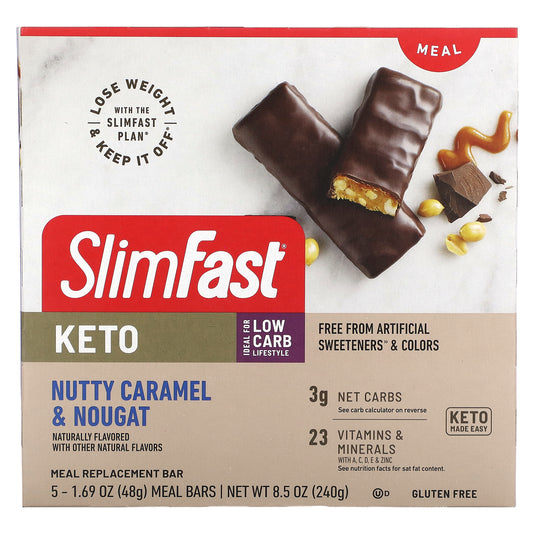 SlimFast, Keto Meal Replacement Bar, Nutty Caramel & Nougat, 5 Bars, 1.69 oz (48 g) Each