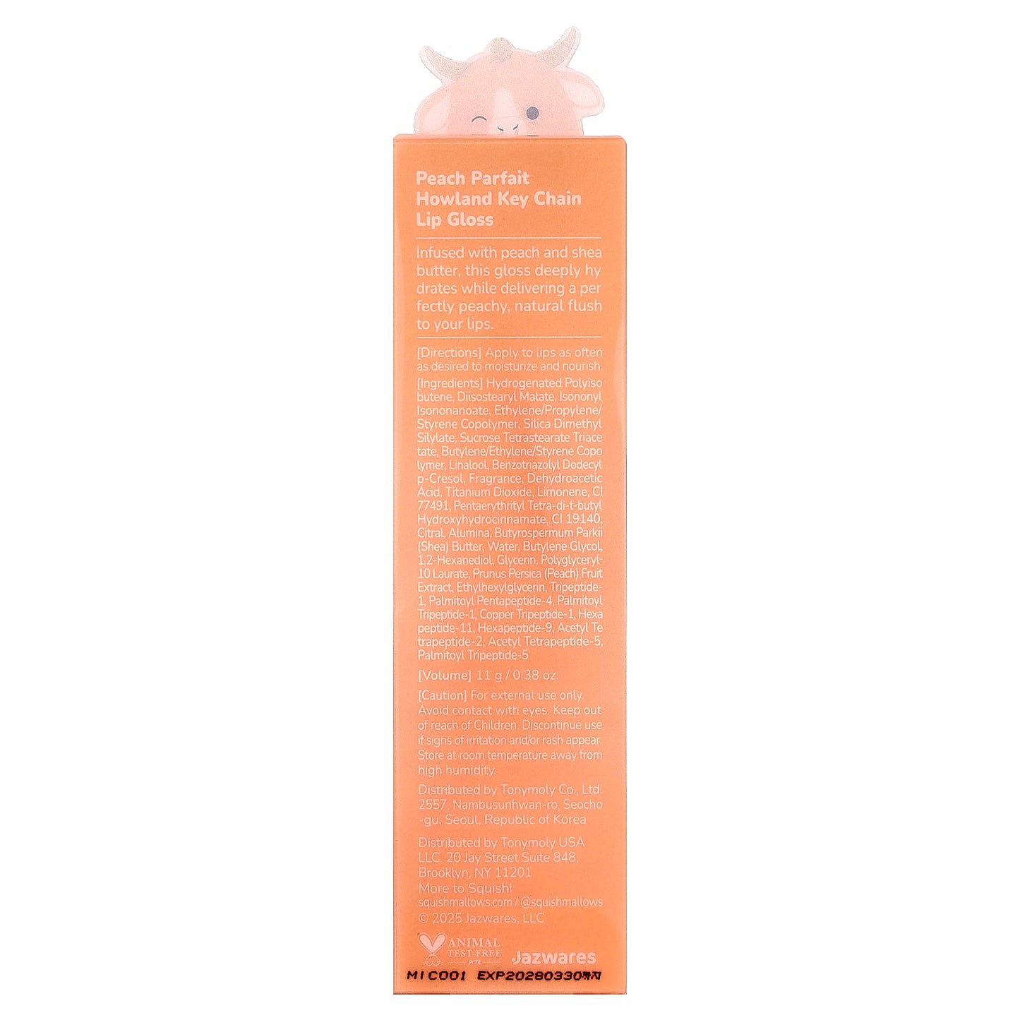TonyMoly, Original Squishmallows™, Howland Key Chain Lip Gloss, Peach Parfait, 0.38 oz (11 g)