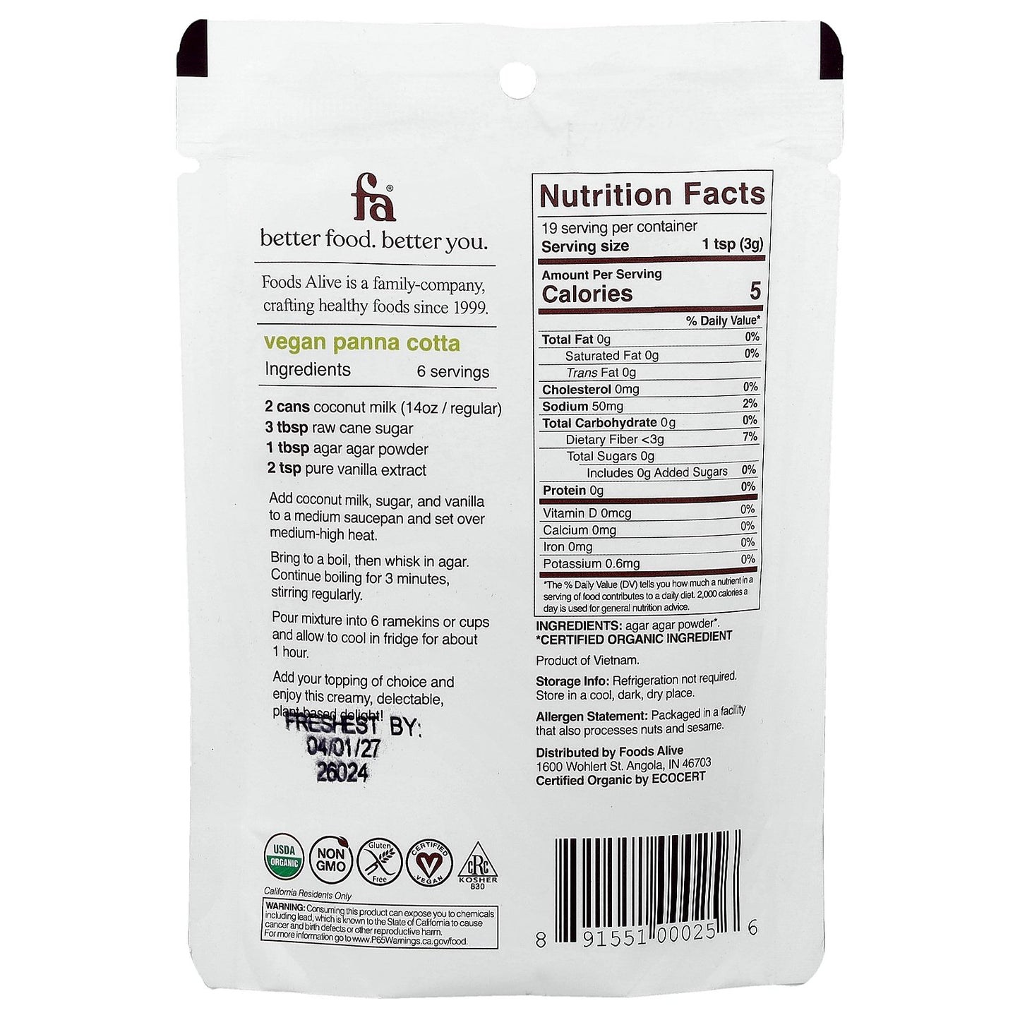 Foods Alive, Agar Agar Powder, 2 oz (56 g)