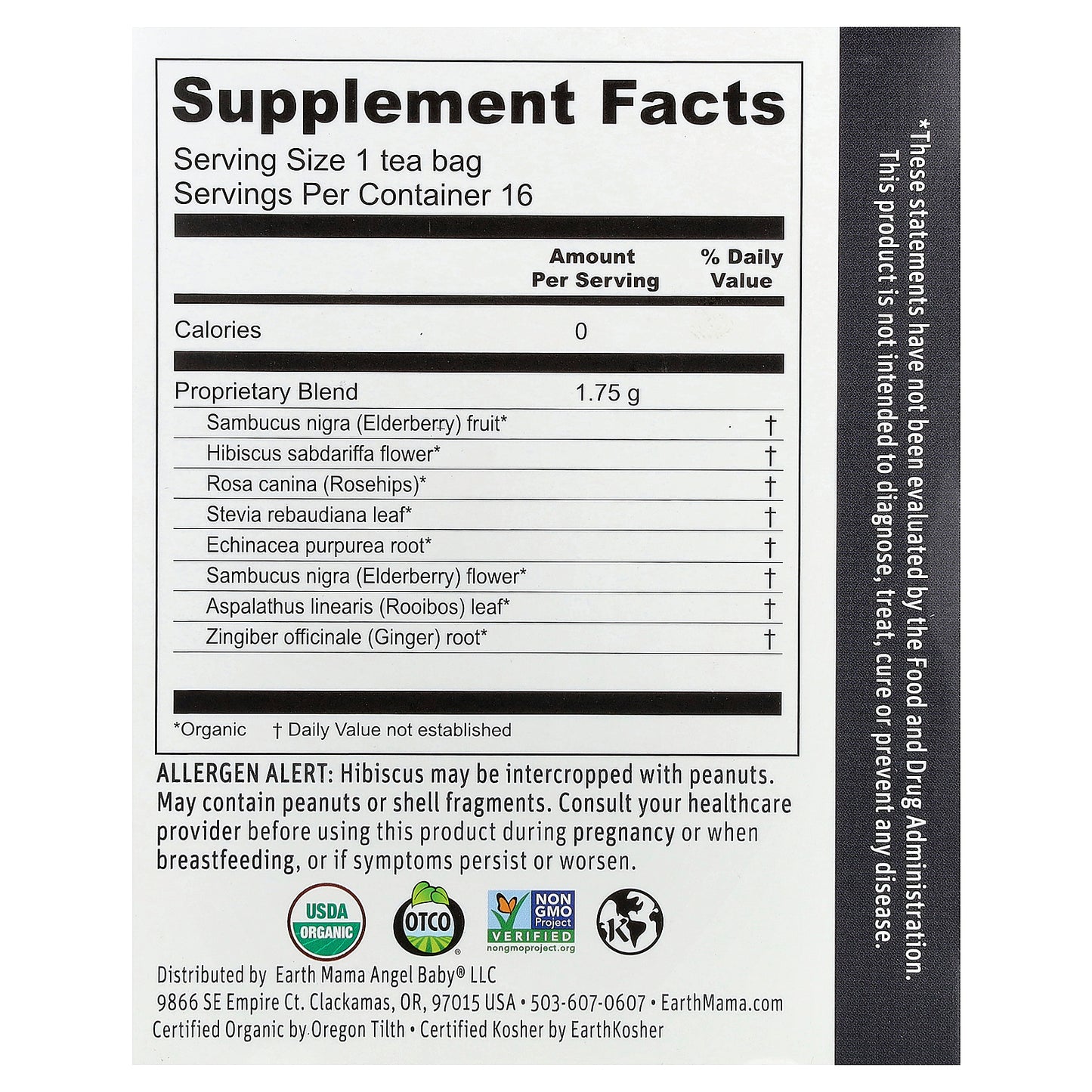 Earth Mama, Organics, 100% Organic Elderberry Immune Tea, Tart-Y Fruity Berry Burst, Caffeine Free, 16 Tea Bags, 0.98 oz (28 g)