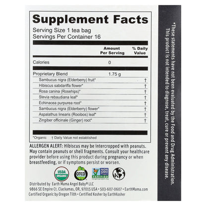 Earth Mama, Organics, 100% Organic Elderberry Immune Tea, Tart-Y Fruity Berry Burst, Caffeine Free, 16 Tea Bags, 0.98 oz (28 g)