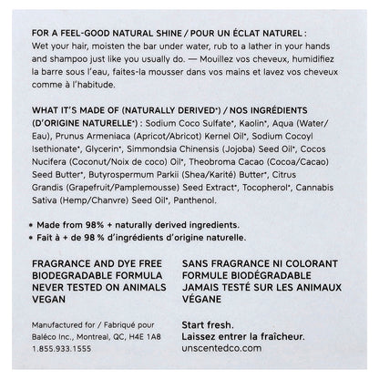 The Unscented Company, Shampoo Bar, For Fine to Wavy Hair Types, Fragrance Free, 2.3 oz (65 g)