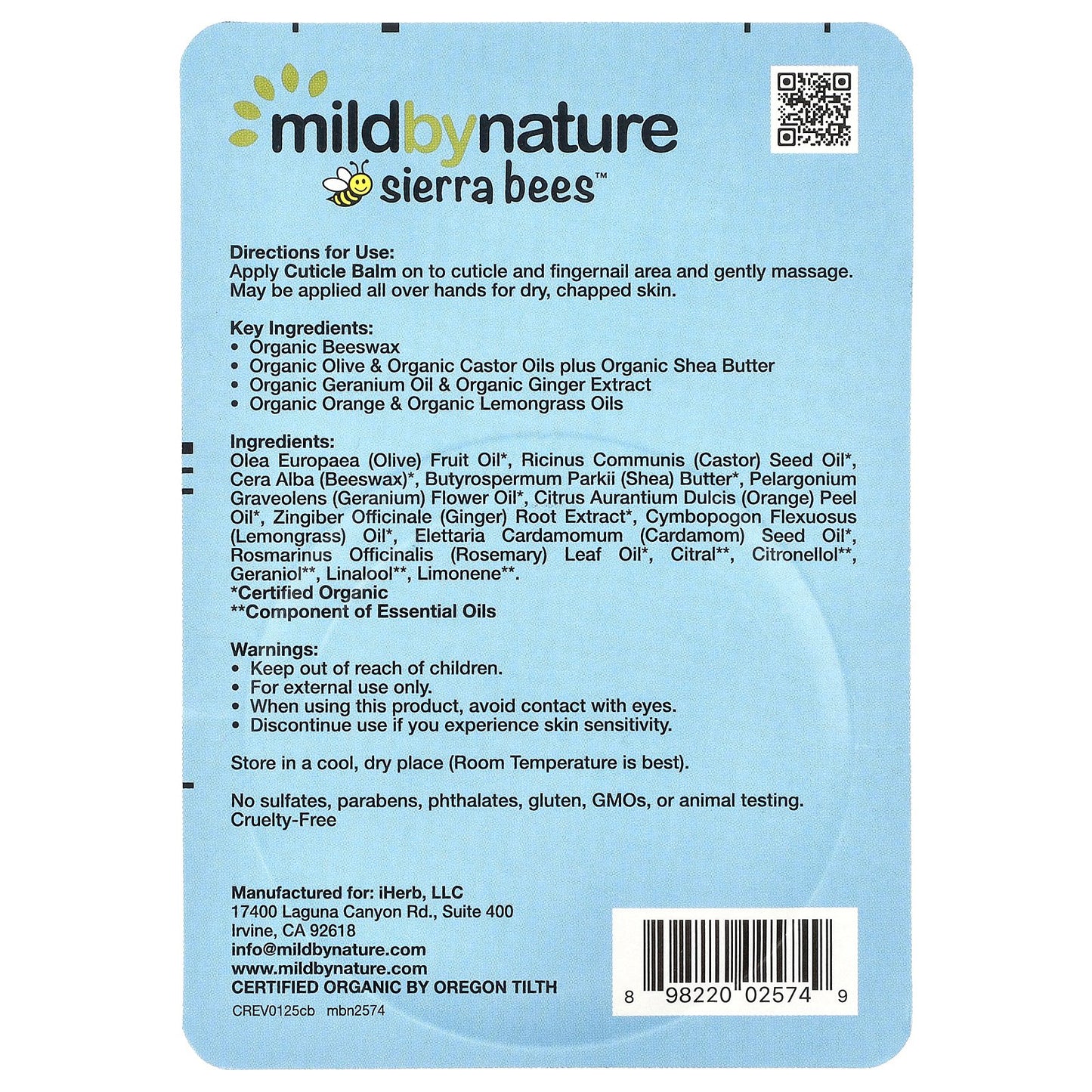 Mild By Nature, Sierra Bees™, Cuticle Care Balm, Geranium, Orange & Lemongrass, 0.6 oz (17 g)