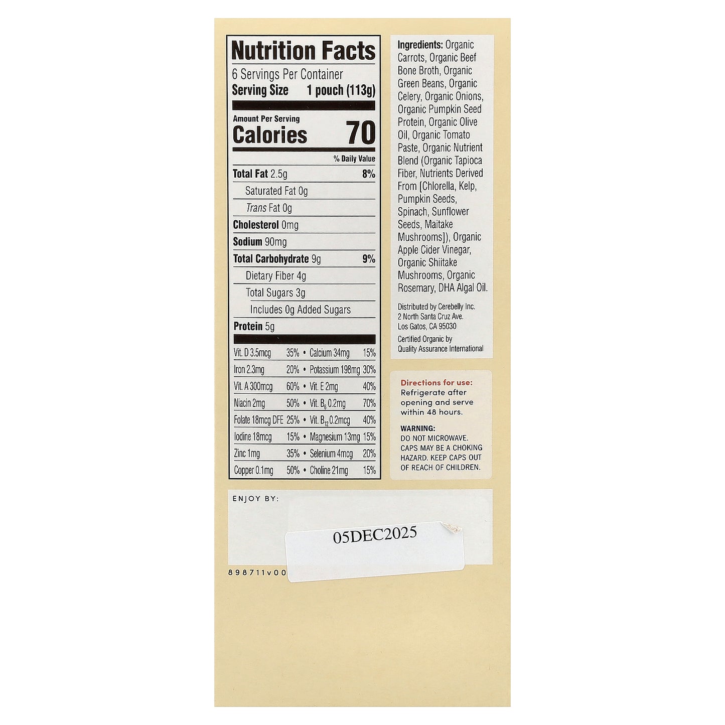 Cerebelly, Organic Baby Puree, Carrot, Beef Broth with Rosemary, 6 Pouches, 4 oz (113 g) Each