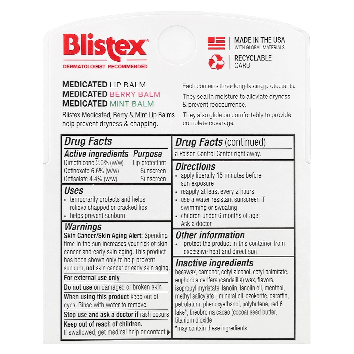Blistex, Medicated Lip Balm, SPF 15, Mint, Berry, Classic , 3 Pack, 0.15 oz (4.25 g) Each