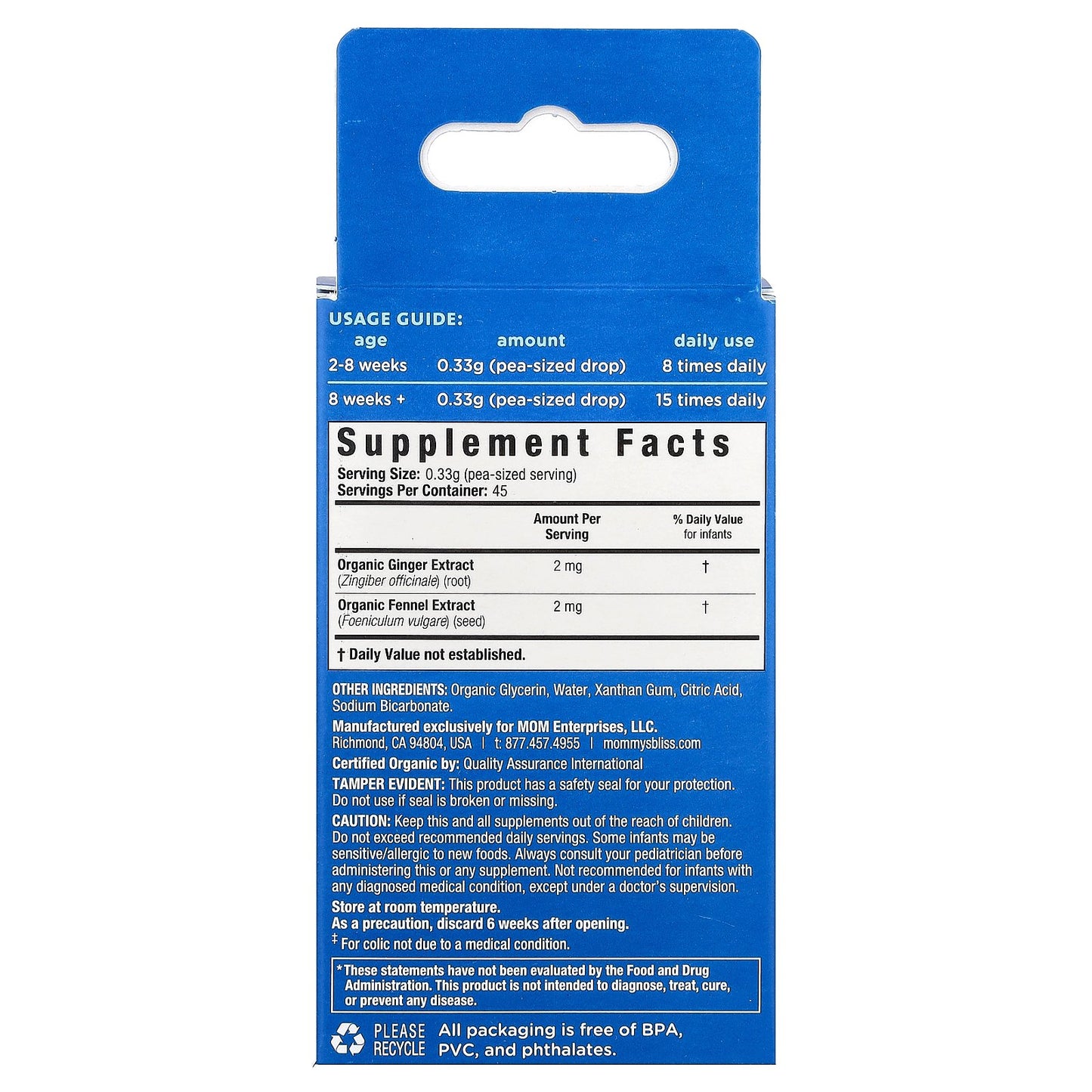 Mommy's Bliss, Organic Gripe Water, Paci Gel, Age 2 Weeks+, 0.53 oz (15 g)