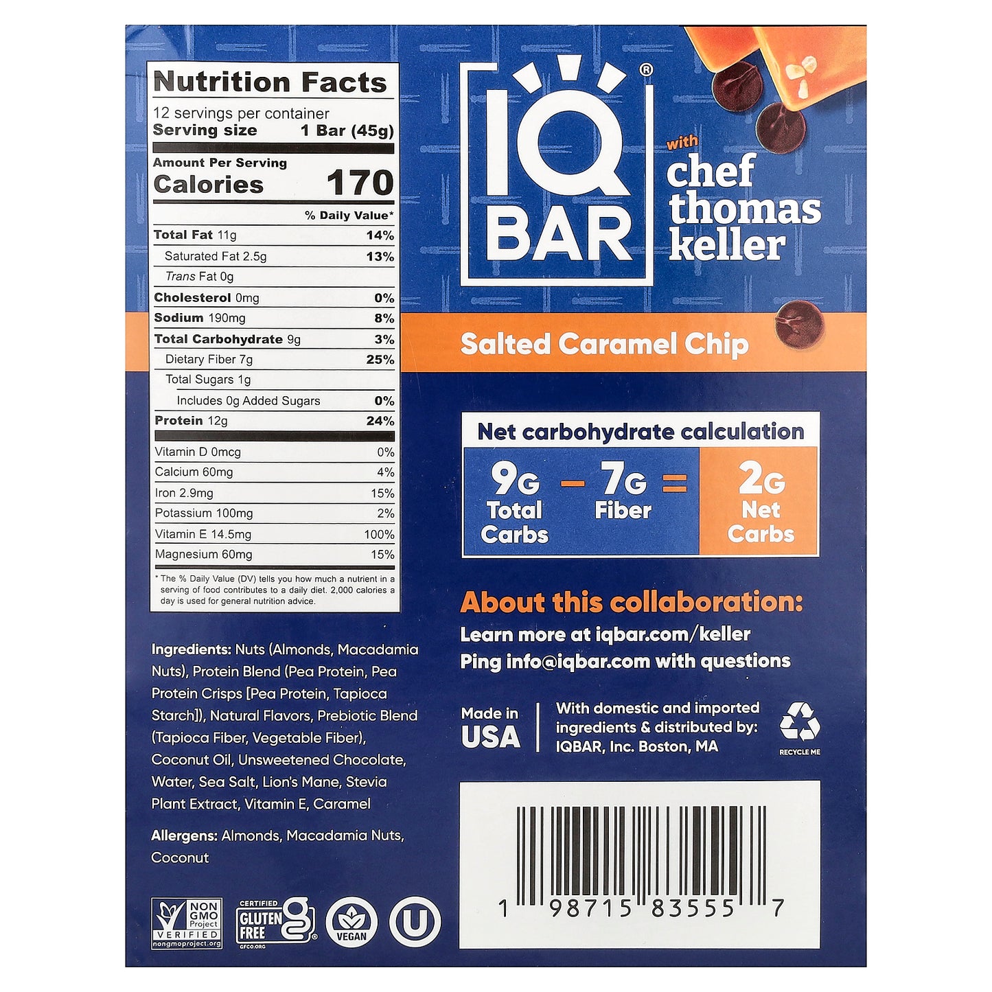 IQBAR, Plant Protein Bar, Salted Caramel Chip With Toasted Macadamia Nuts, 12 Bars, 1.6 oz (45 g) Each