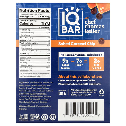 IQBAR, Plant Protein Bar, Salted Caramel Chip With Toasted Macadamia Nuts, 12 Bars, 1.6 oz (45 g) Each
